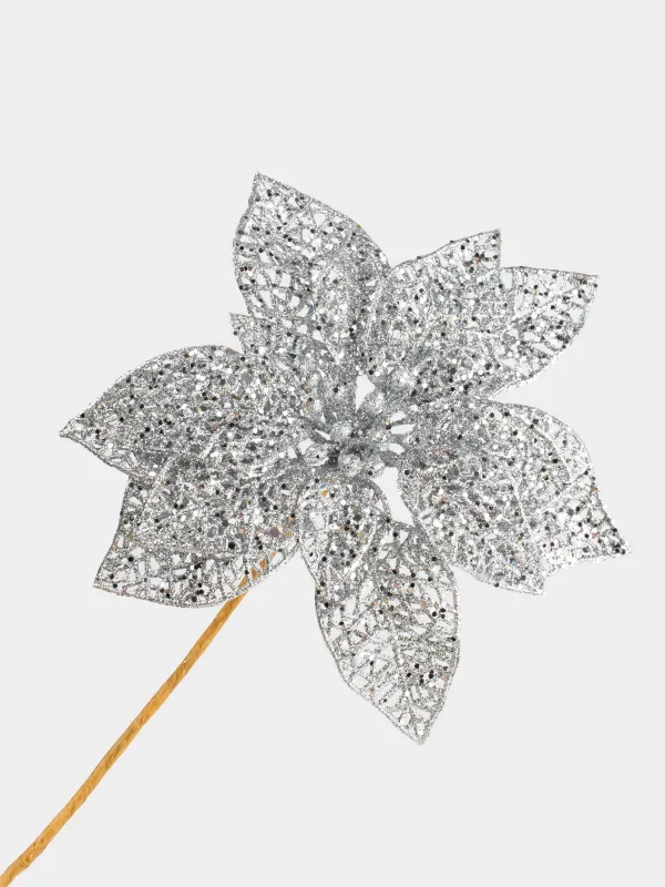 Украшение декоративное, 19 см, пластик, серебристое, Пуансеттия, Flower decor, image-3