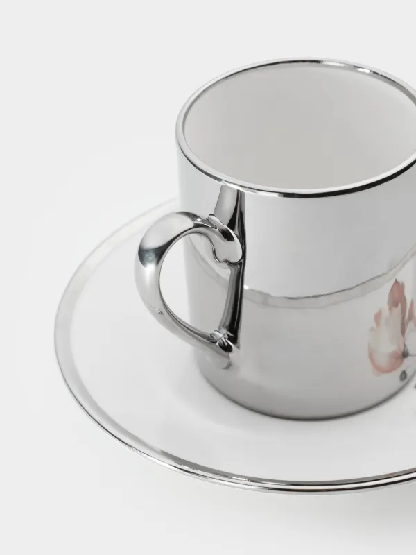 Пара кофейная, 1 перс, 2 пр, 90 мл, фарфор N, бело-серебристая, Цветок, Flower silver, image-5
