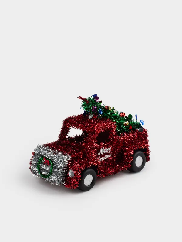 Статуэтка, 27 см, мишура/пластик, красная, Машина с елкой, Tinsel decor, image-2