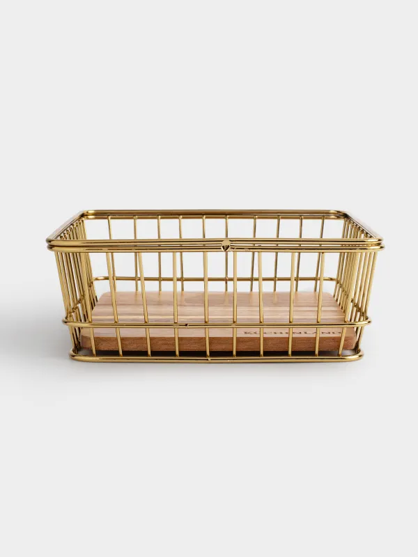 Корзина для хранения, 19х19 см, металл/дерево, квадратная, золотистая, Twist gold, image-0