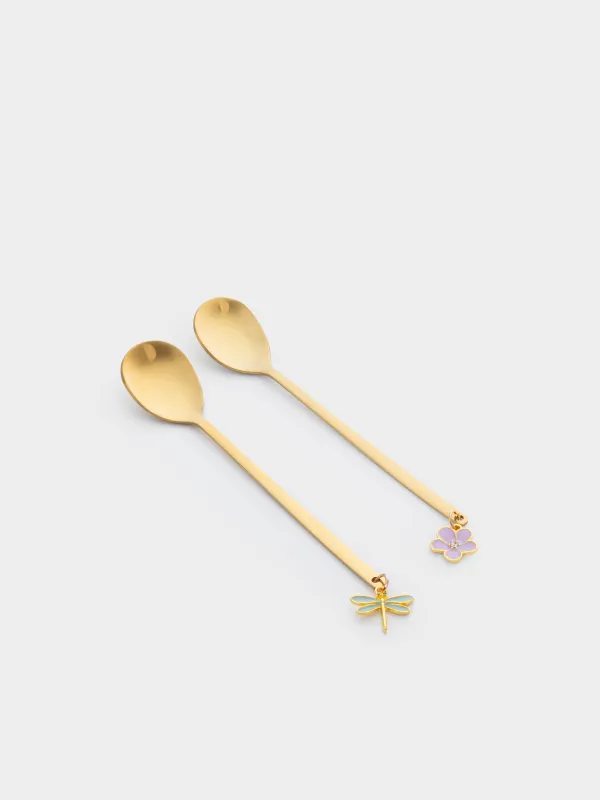 Ложка десертная, 14 см, 2 шт, сталь, золотистая, Стрекоза/Цветок, Bloome, image-1