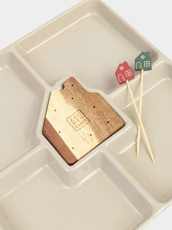 Менажница, 22 см, 4 отд, со шпажками, дерево/керамика, белая, Домик, House, image-4