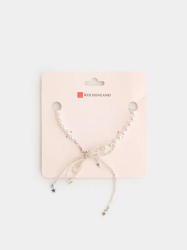 Колье, 52 см, пластик/стразы/металл, серебристое, Бант, Pearl, image-3