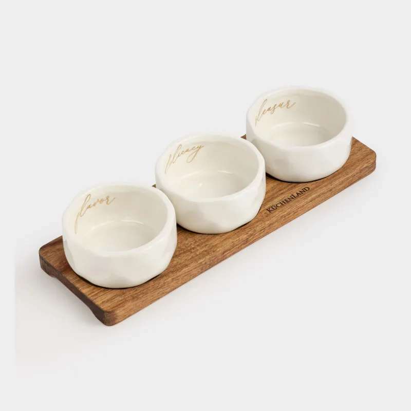 Набор для закусок, 3 пр, на подставке, керамика/дерево, молочный, Мятый эффект, Crumple kitchen