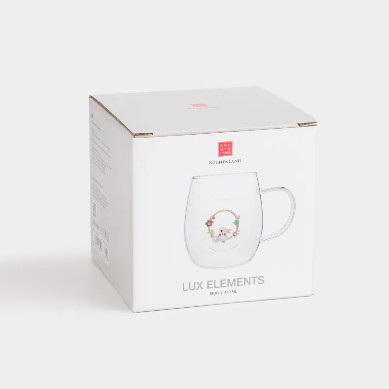 Кружка, 470 мл, стекло Б/металл, Кролик в цветах, Lux elements, image-3