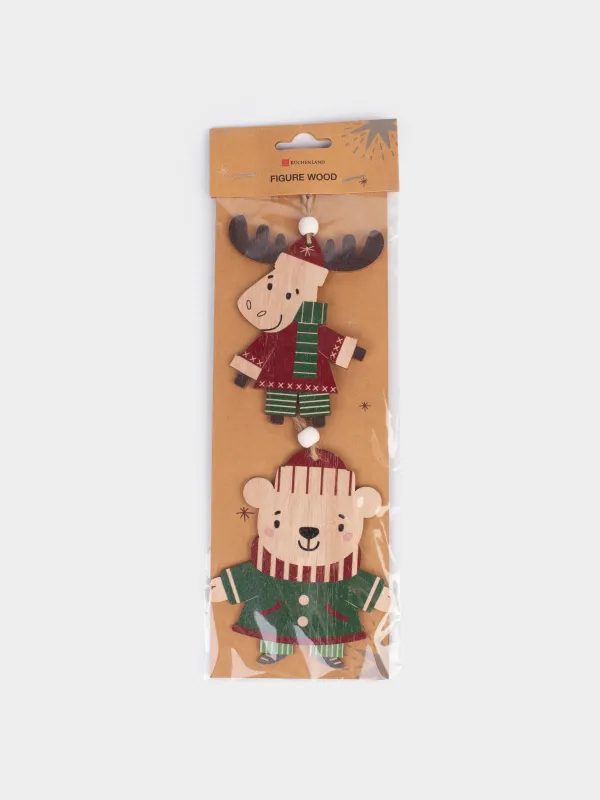 Набор елочных игрушек, 11 см, 2 шт, дерево/полиэстер, Мишка и олень, Figure wood, image-4