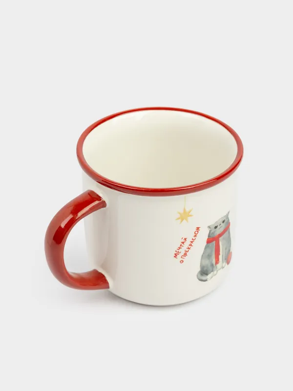 Кружка, 470 мл, керамика, бело-бордовая, Кот с клубком, Winter friends, image-1