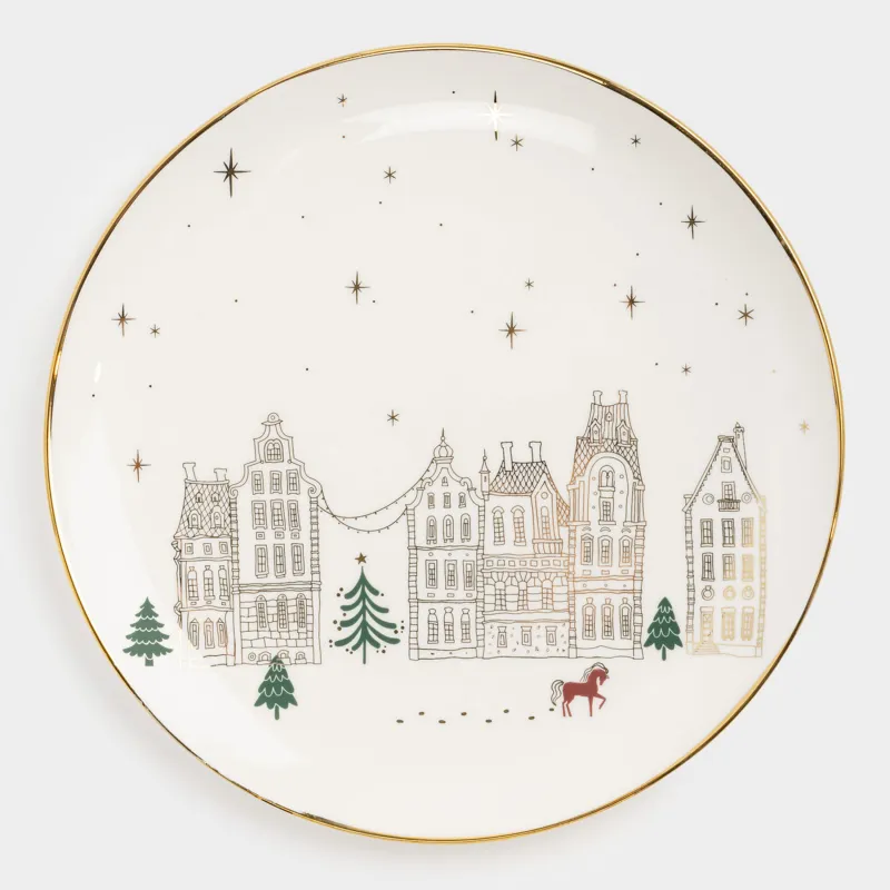 Тарелка обеденная, 27 см, фарфор N, молочно-золотистая, Домики и лошадь, Snow sparks