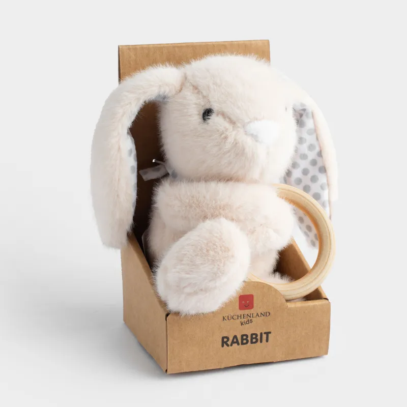 Игрушка-погремушка, 23 см, мягкая, полиэстер/дерево, бежевая, Зайка с кольцом, Rabbit, image-5