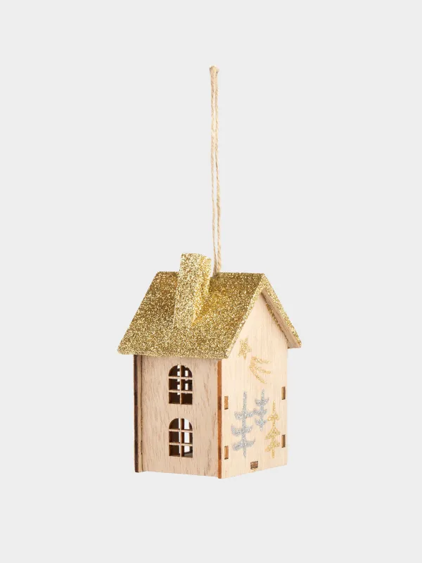 Игрушка елочная, 13 см, дерево, с блестками, Дом, Figure wood, image-2