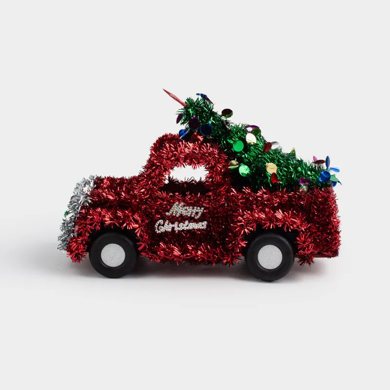 Статуэтка, 27 см, мишура/пластик, красная, Машина с елкой, Tinsel decor