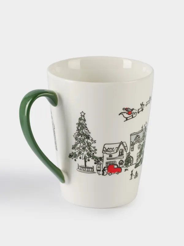 Кружка, 420 мл, фарфор N, бело-зеленая, Праздничный город, Christmas city, image-1