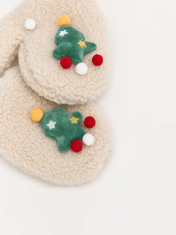 Варежки детские, единый размер, шерпа, бежевые, Елочки, Plush, image-2