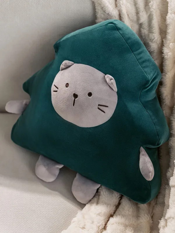 Подушка декоративная, 35х35 см, спандекс, зеленая, Кот в елке, Cat, image-3