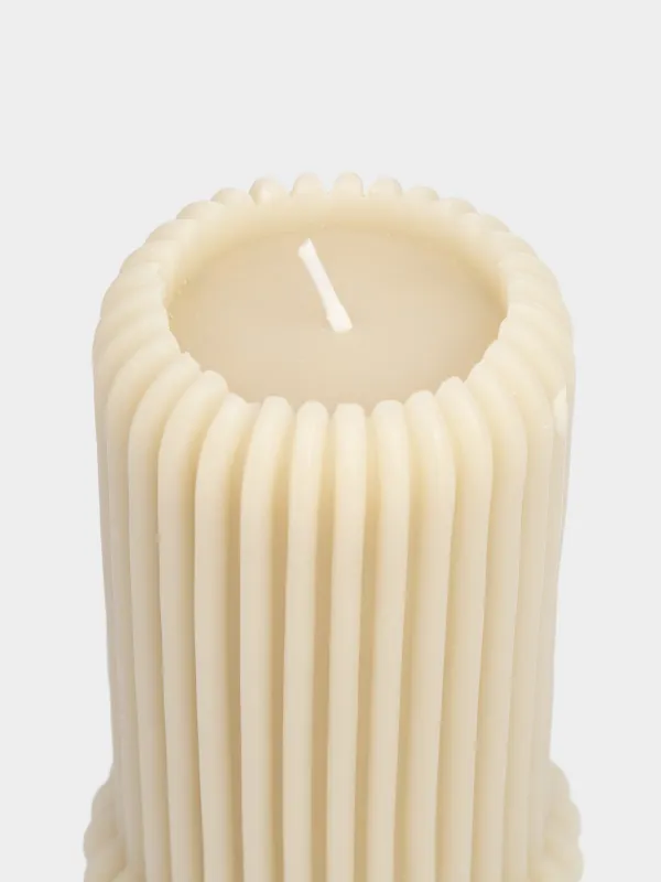 Свеча, 7x13 см, цилиндрическая, бежевая, Ribbed candle, image-2