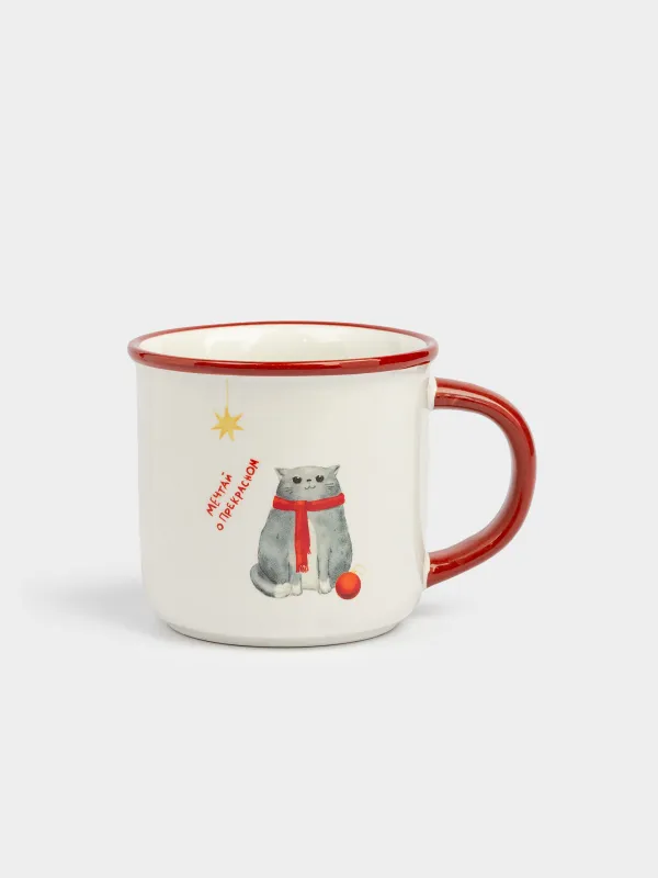 Кружка, 470 мл, керамика, бело-бордовая, Кот с клубком, Winter friends, image-0