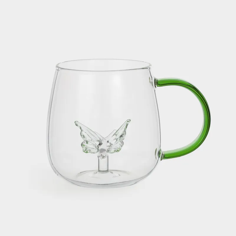 Кружка, 400 мл, стекло Б, зеленая ручка, Бабочка, Shape, image-0