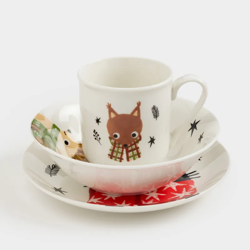 Набор посуды, детский, 1 перс, 3 пр, фарфор N, белый, Животные в шарфах, Forest animals, image-0
