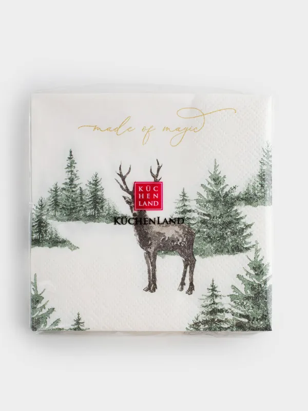 Салфетки бумажные, 21х21 см, 20 шт, квадратные, белые, Олень в зимнем лесу, Woodland story, image-4