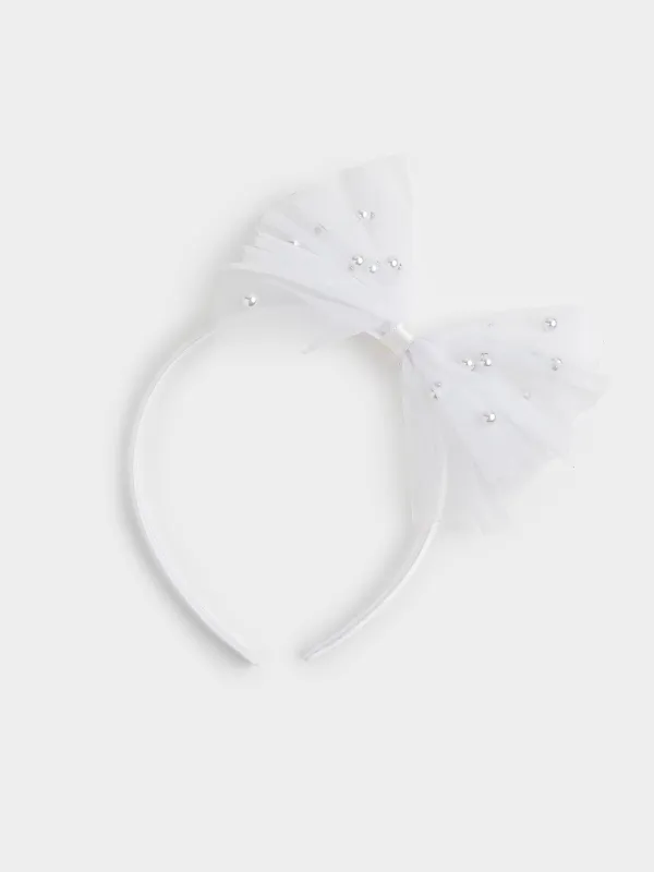 Ободок для волос, 12х14 см, детский, пластик/полиэстер, белый, Бант с бусинами, Hairstyle