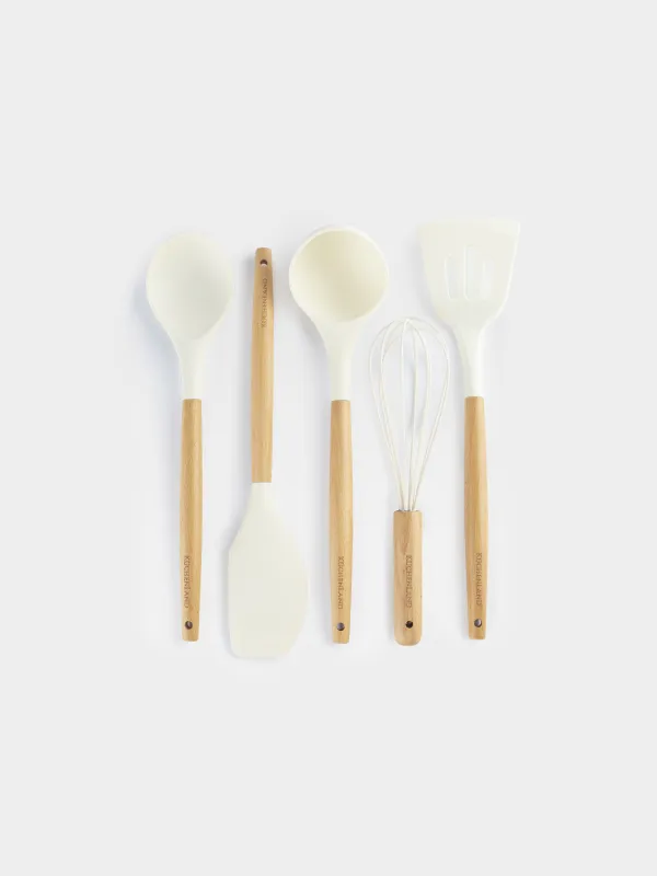 Набор кухонных принадлежностей, 5 пр, в подставке, дерево/силикон, молочный, Weekend, image-1