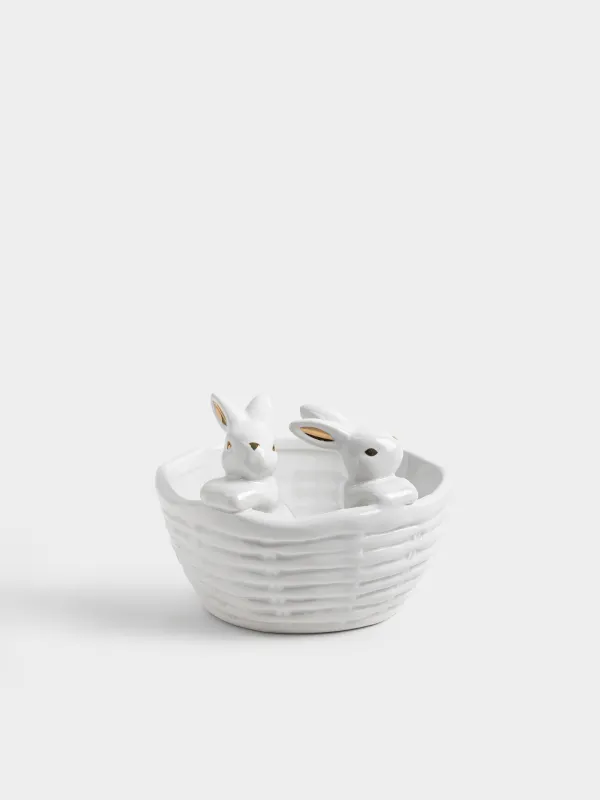 Конфетница, 14х12 см, 410 мл, керамика D, молочно-золотистая, Кролики в корзине, Rabbit gold, image-0