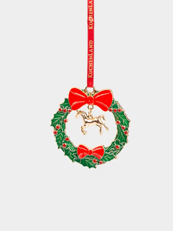 Игрушка елочная, 6 см, металл/стразы, зелено-красная, Венок и конь, Figure christmas, image-0