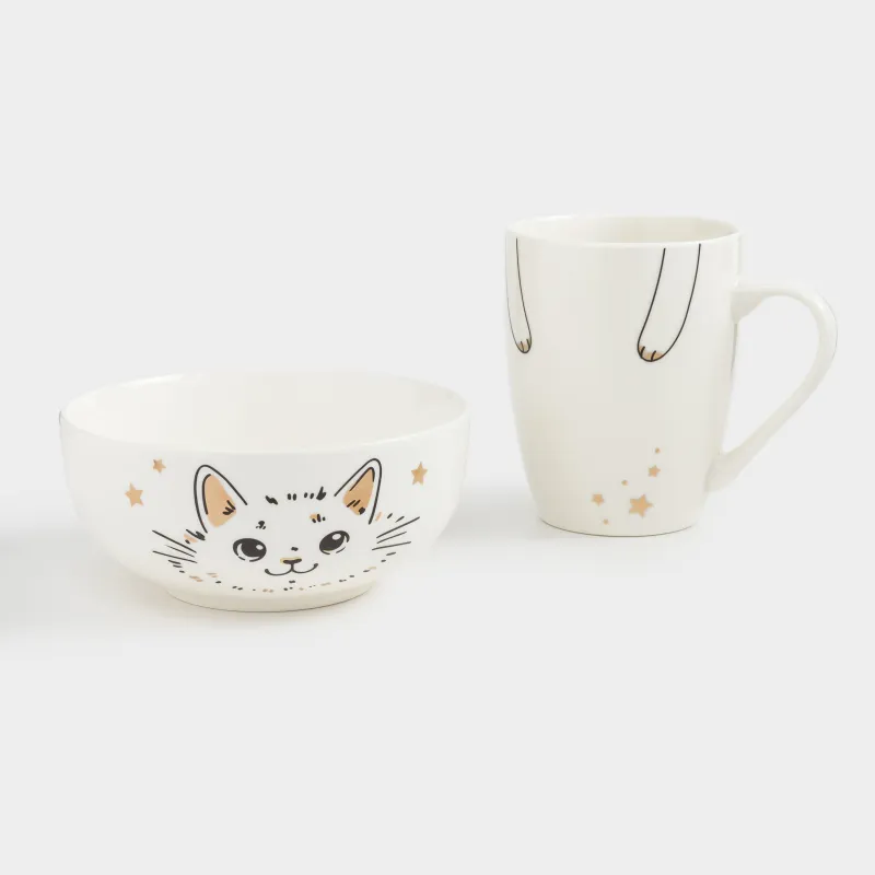 Набор посуды, детский, 1 перс, 2 пр, бело-золотистый, Котик и звезды, Cat, image-1