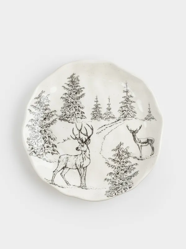 Тарелка закусочная, 23 см, керамика, белая, Олени в лесу, Crumple print, image-0