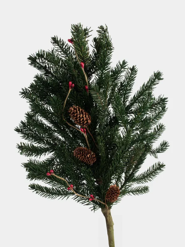Ветка декоративная, 60 см, дерево/пенопласт, хвойный аромат, Бордовые ягоды и шишки, Bordo berry, image-1