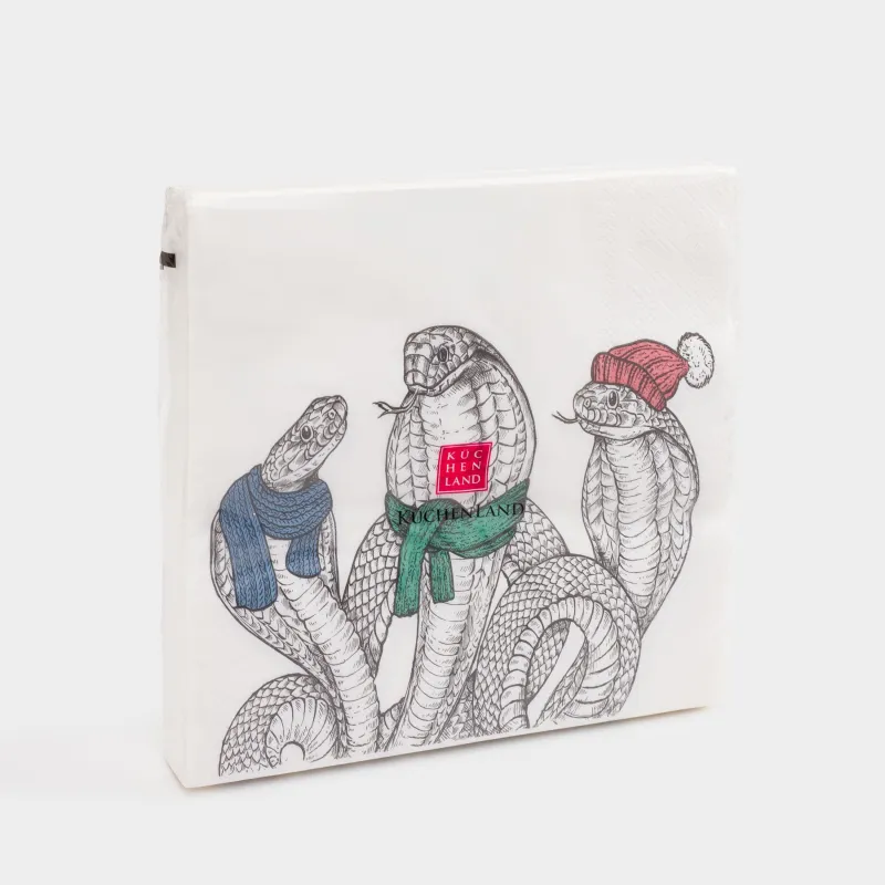 Салфетки бумажные, 33х33 см, 20 шт, квадратные, белые, Змеи в шарфах и в шапке, Snake trio, image-3