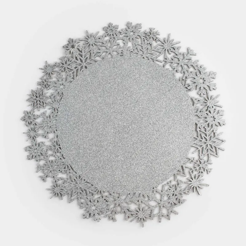 Салфетка под приборы, 38 см, фетр, фигурная, серебристая, Снежинки, Felt mat