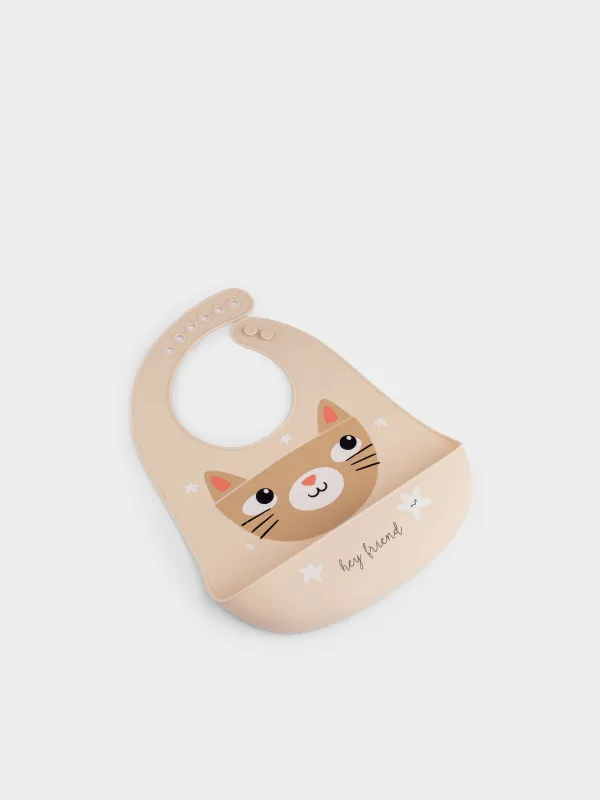 Нагрудник, детский, 31x23 см, с карманом, силикон, бежевый, Котик, Kiddy, image-3