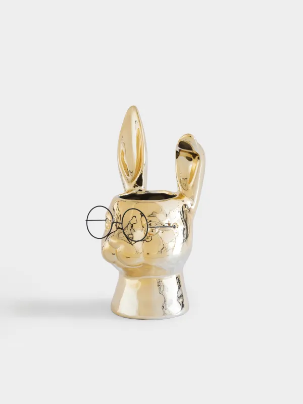 Ваза для цветов, 30 см, декоративная, фарфор P/металл, золотистая, Кролик в очках, Rabbit gold, image-1
