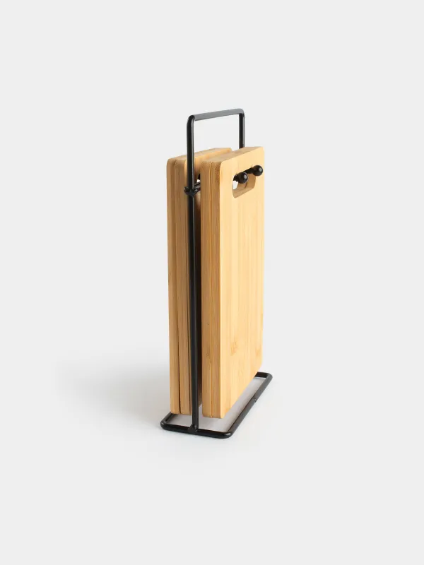 Доска разделочная, 22x14 см, 4 шт, на подставке, бамбук/сталь, прямоугольная, Bamboo, image-5