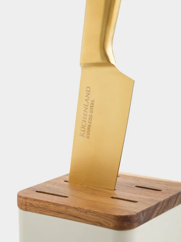 Набор ножей, 5 пр, в подставке, сталь/пластик, золотистый/молочный, Ritlen, image-4