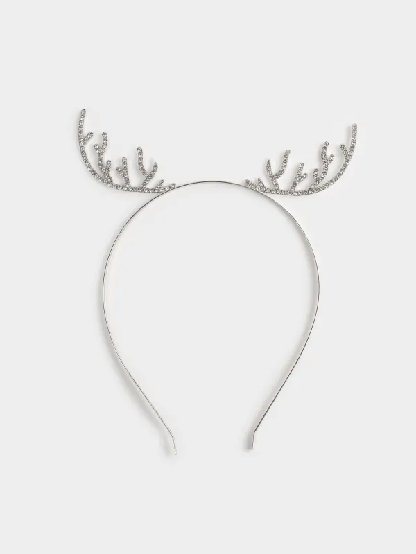 Ободок карнавальный, 19х15 см, детский, металл/стразы, серебристый, Оленьи рожки, Sparkly deer