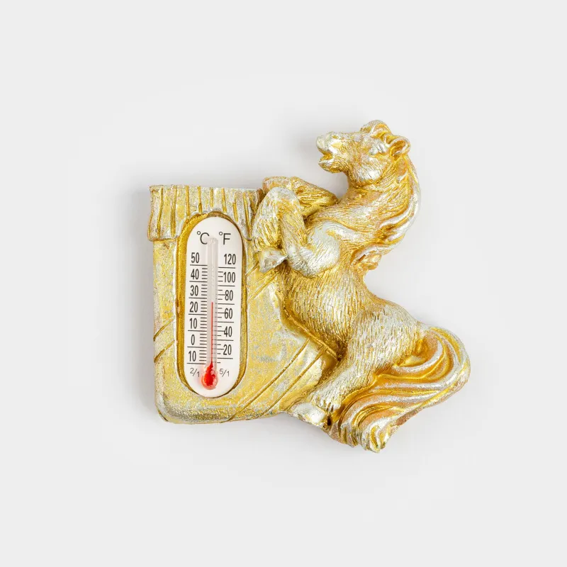 Магнит с градусником, 6 см, полирезин/стекло, золотистый, Лошадь, Horse gold