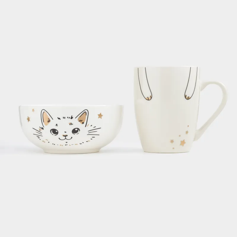 Набор посуды, детский, 1 перс, 2 пр, бело-золотистый, Котик и звезды, Cat, image-3