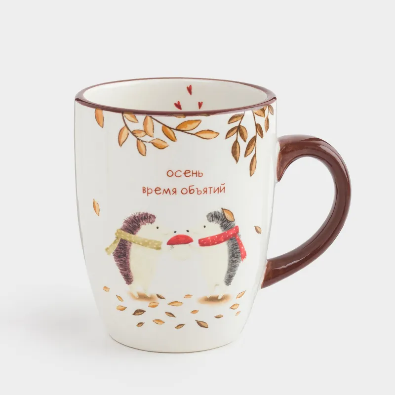 Кружка, 330 мл, керамика, бело-коричневая, Ежики в шарфах, Forest hedgehogs