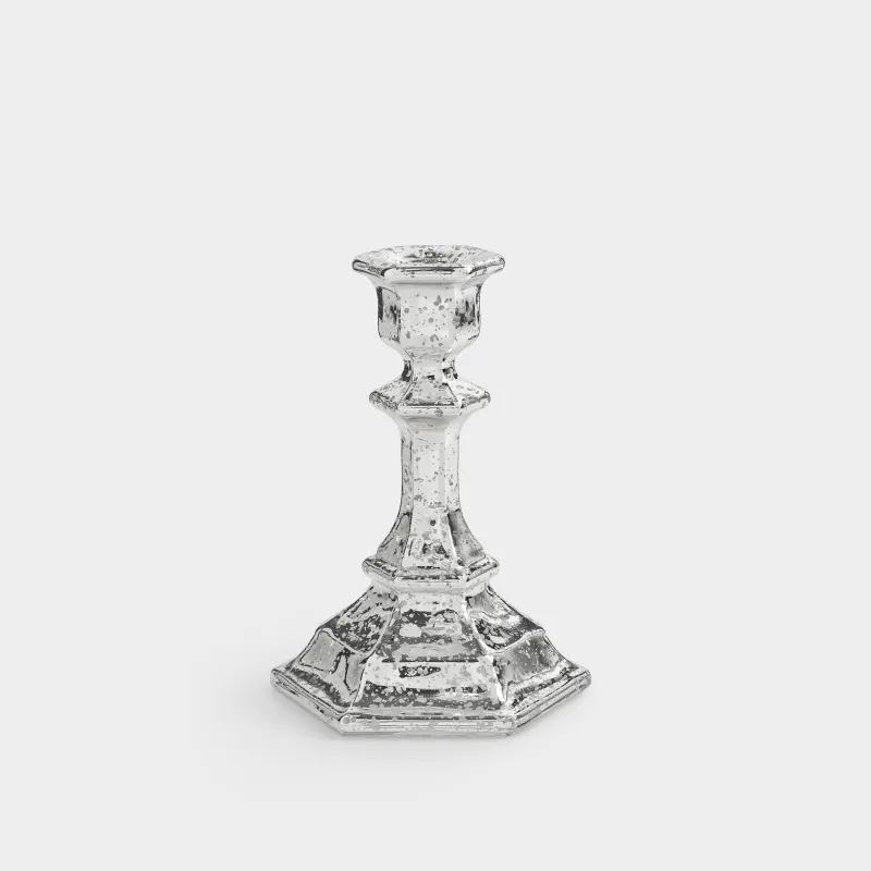 Подсвечник, 14 см, для тонкой свечи, на ножке, стекло, серебристый, Patina