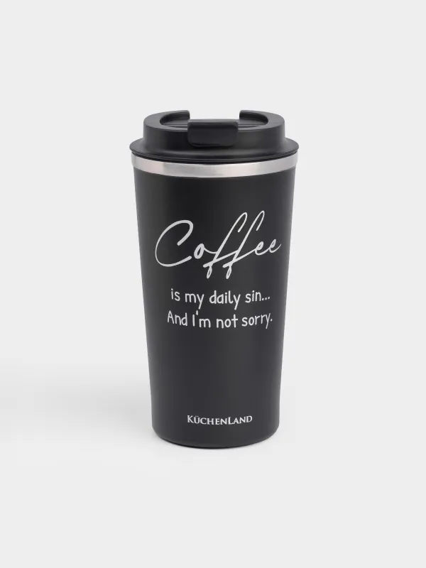 Термокружка, 450 мл, сталь/пластик, черная, с надписью, Coffee time, image-0