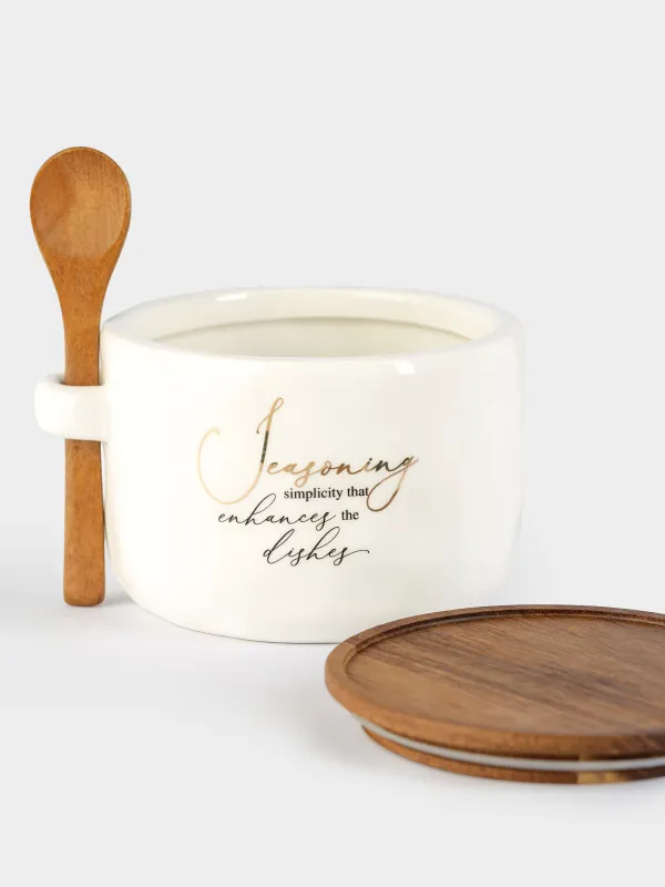 Емкость для специй, 12x9 см, 550 мл, с ложкой, керамика/дерево, Мятый эффект, Crumple kitchen, image-3