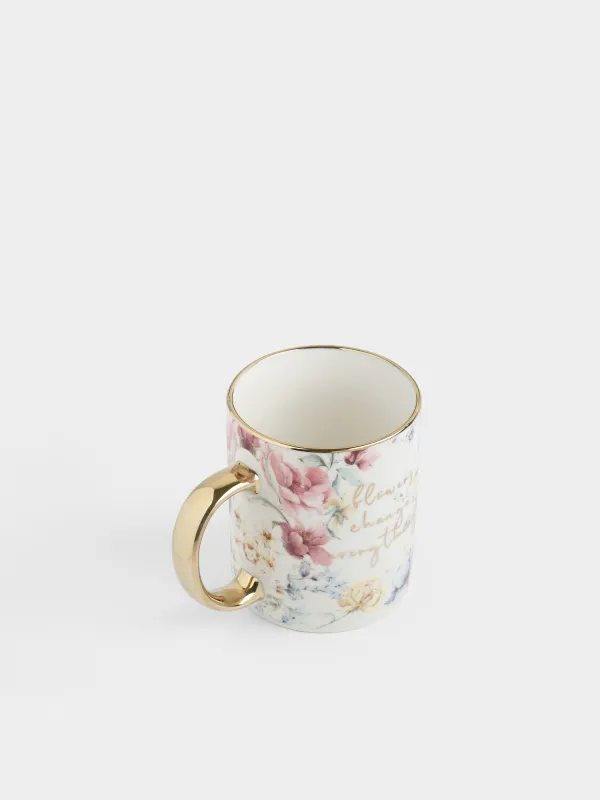Кружка, 350 мл, фарфор N, бело-золотистая, Цветы, Flowers, image-1