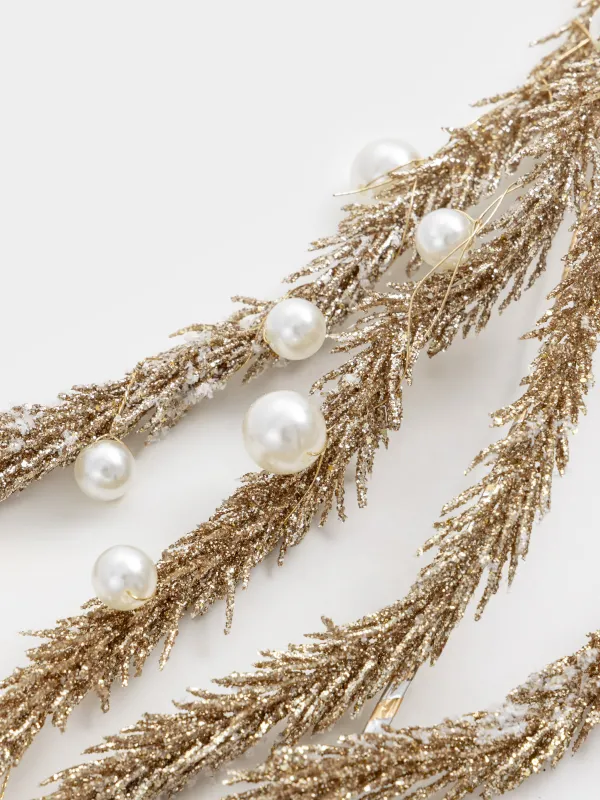 Ветка-гирлянда декоративная, 1,2 м, пластик/металл, шампань, Хвоя и бусины, Conifer champagne, image-3