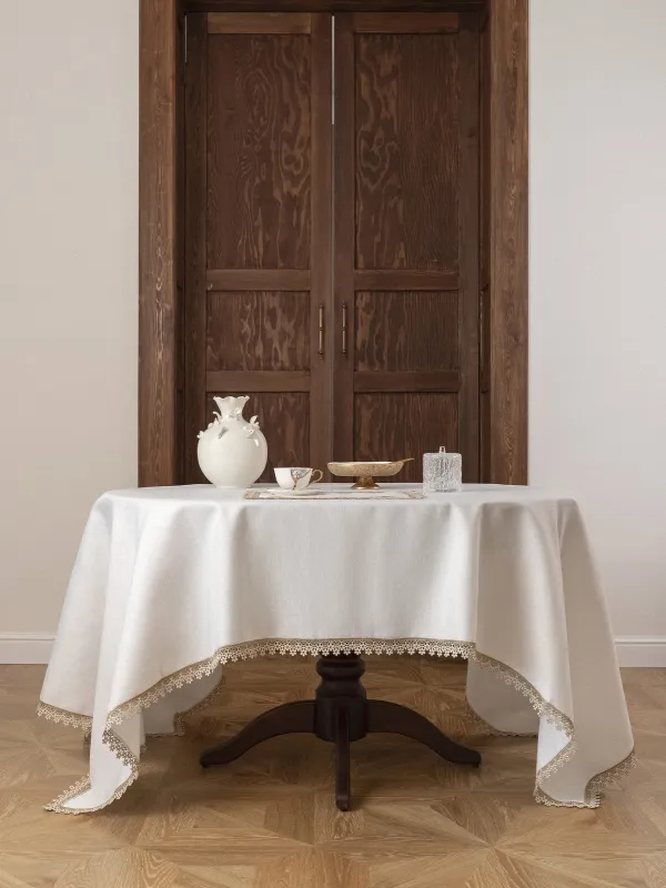 Скатерть, 170х250 см, полиэстер, белая, Цветочное кружево, Flower lace gold, image-0