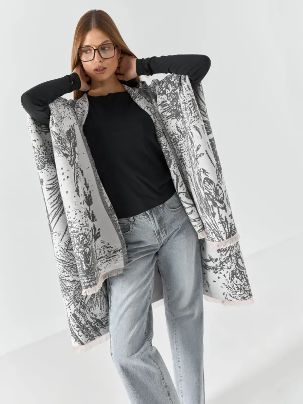 Пончо с бахромой, двустороннее, молочно-серое, Poncho, image-4