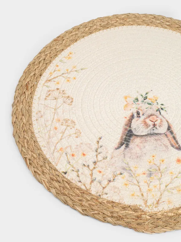 Салфетка под приборы, 38 см, полиэстер/морская трава, круглая, песочно-белая, Кролик, Easter, image-1
