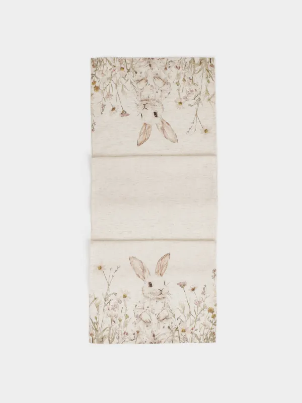 Дорожка настольная, полиэстер/лен, бежевая, Bunny in flowers, image-0