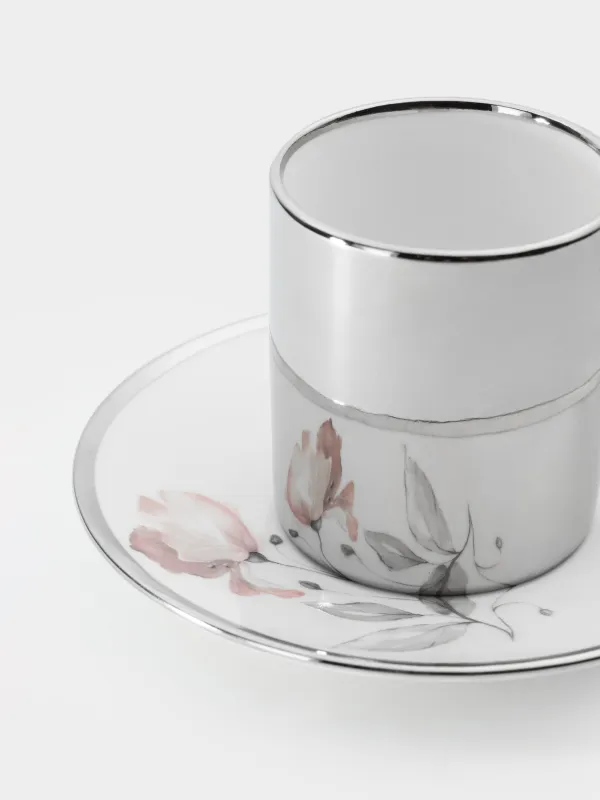 Пара кофейная, 1 перс, 2 пр, 90 мл, фарфор N, бело-серебристая, Цветок, Flower silver, image-1